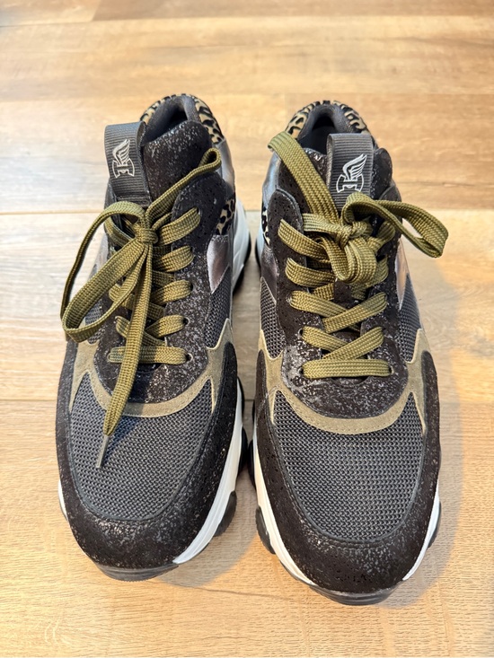Hogan Shoes - Hogan Black and Olive Green Dad Sneakers with Leopard Trim, Size 40 (US 10)